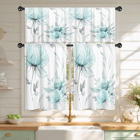 PRETYZOOM 3 Pieces Watercolor Floral Curtains with Valance Sets for Windows, Light Spring Tiers Set for Over Sink Decor, 36"x26", Teal in Kuwait
