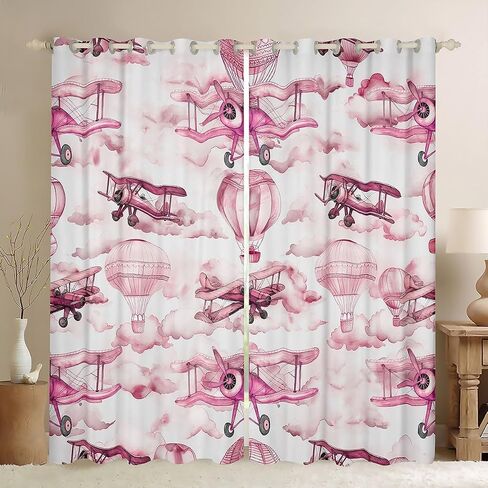 Manfei Hot Air Balloons Kids Blackout Curtain,Cartoon Airplane Aircraft Aviation Theme Window Drapes for Girls Women,Starry Clouds Dreamy Pink Window Treatments Grommet Top 2 Panel Set,38Wx54L inch in Kuwait