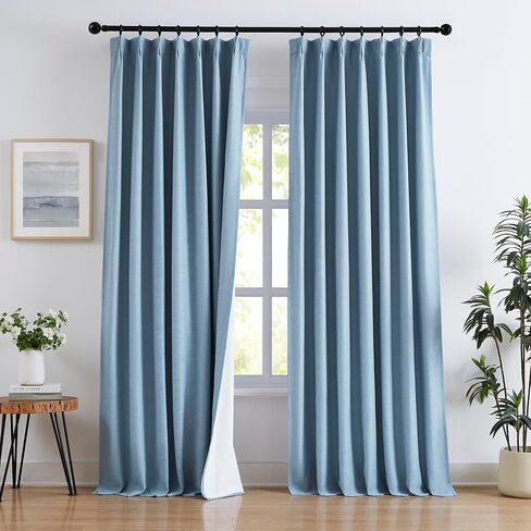 Memory Trained Pinch Pleated Curtains Blue 84 Inch Length Flax Linen Full Blackout Curtains for Living Room, 2 Layers Thermal Insulated Drapes for Bedroom with Back Tab 2 Panels 40"W x 84"L in Saudi Arabia