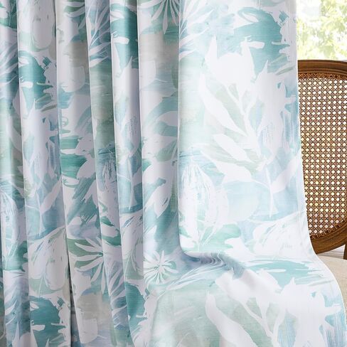 Coastal Blue White Blackout Curtains for Bedroom 90" Aqua Abstract Leaf Floral Print Bontical Thermal Insulated Window Drapes for Living Room Nursery, Rod Pocket Back Tab, 52x90, 2 Panels Teal in Saudi Arabia