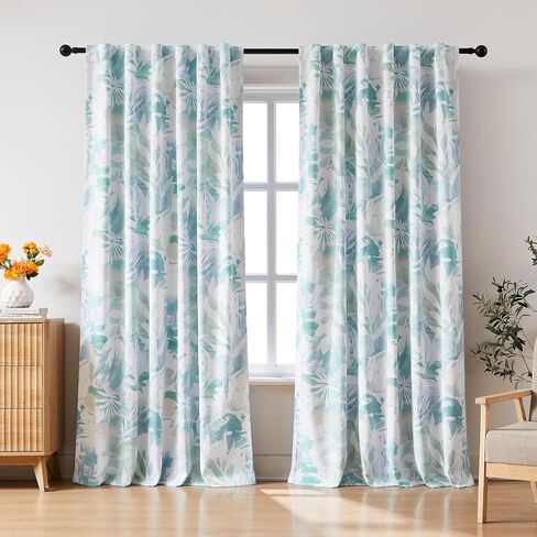 Coastal Blue White Blackout Curtains for Bedroom 90" Aqua Abstract Leaf Floral Print Bontical Thermal Insulated Window Drapes for Living Room Nursery, Rod Pocket Back Tab, 52x90, 2 Panels Teal in Saudi Arabia