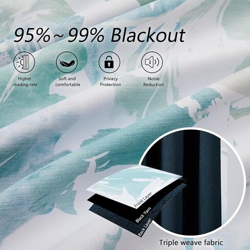 Coastal Blue White Blackout Curtains for Bedroom 90" Aqua Abstract Leaf Floral Print Bontical Thermal Insulated Window Drapes for Living Room Nursery, Rod Pocket Back Tab, 52x90, 2 Panels Teal in Saudi Arabia