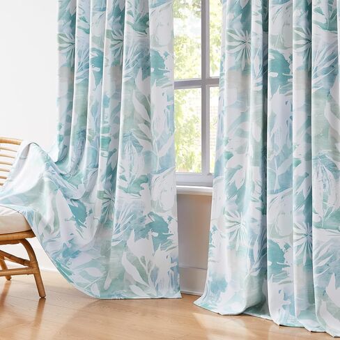 Coastal Blue White Blackout Curtains for Bedroom 90" Aqua Abstract Leaf Floral Print Bontical Thermal Insulated Window Drapes for Living Room Nursery, Rod Pocket Back Tab, 52x90, 2 Panels Teal in Saudi Arabia