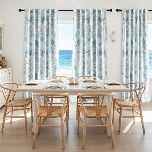 Coastal Blue White Blackout Curtains for Bedroom 90" Aqua Abstract Leaf Floral Print Bontical Thermal Insulated Window Drapes for Living Room Nursery, Rod Pocket Back Tab, 52x90, 2 Panels Teal in Saudi Arabia