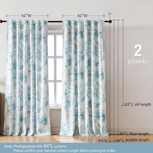 Coastal Blue White Blackout Curtains for Bedroom 90" Aqua Abstract Leaf Floral Print Bontical Thermal Insulated Window Drapes for Living Room Nursery, Rod Pocket Back Tab, 52x90, 2 Panels Teal in Saudi Arabia