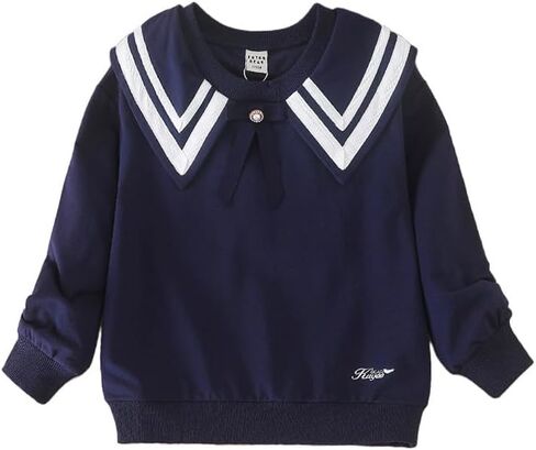 Navy Blue Sailor Collar Sweatshirt with White Stripes, Long Sleeve, Kids in Saudi Arabia