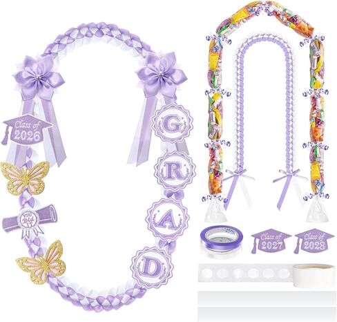 Spakon 19 Pcs Graduation Leis 2026 Graduation Ribbon Candy Lei Kit Class of 2026 Grad Money Leis Ribbon Double Lei Necklace in Kuwait