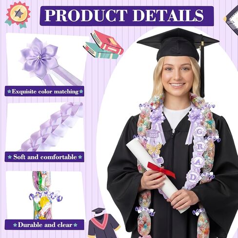 Spakon 19 Pcs Graduation Leis 2026 Graduation Ribbon Candy Lei Kit Class of 2026 Grad Money Leis Ribbon Double Lei Necklace in Kuwait