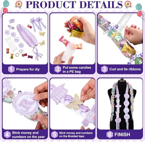 Spakon 19 Pcs Graduation Leis 2026 Graduation Ribbon Candy Lei Kit Class of 2026 Grad Money Leis Ribbon Double Lei Necklace in Kuwait