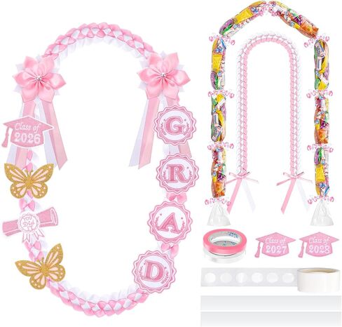 Spakon 19 Pcs Graduation Leis 2026 Graduation Ribbon Candy Lei Kit Class of 2026 Grad Money Leis Ribbon Double Lei Necklace in Kuwait
