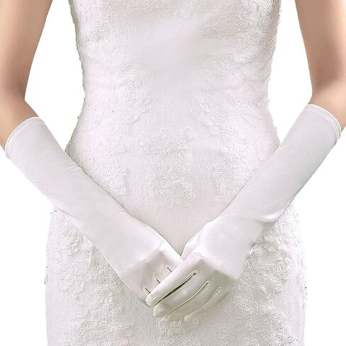 Acenai Long Stain Flapper Gloves Women's Elbow Length Black Opera Evening Party Wedding Gloves (White) in Kuwait