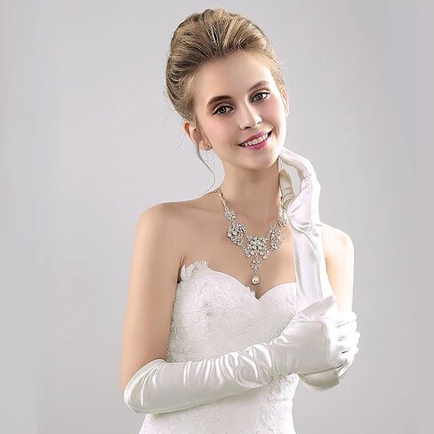 Acenai Long Stain Flapper Gloves Women's Elbow Length Black Opera Evening Party Wedding Gloves (White) in Kuwait