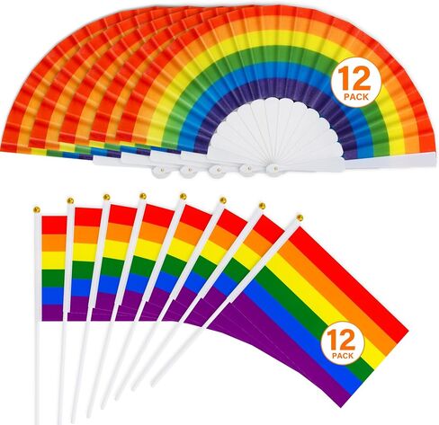 12 Pride Flags & 12 Fan, Small Gay Pride Flags Hand Fans, Rainbow Mini LGBTQ Flags Lesbian Folding Accessories, LGBT Accessories Bulk for Parade Party Decor Supplies in Kuwait