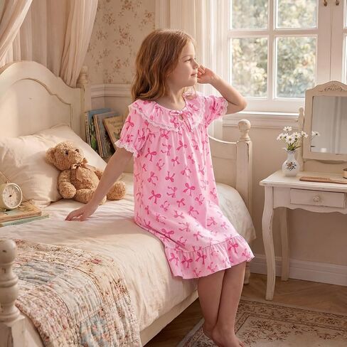 Beinou Girls Princess Nightgown Victorian Vintage Sleepwear Lace Puff Sleeve Soft Rib-Knit Sleep Dress for Bedtime & Lounging in Saudi Arabia