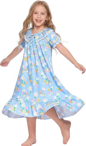 Beinou Girls Princess Nightgown Victorian Vintage Sleepwear Lace Puff Sleeve Soft Rib-Knit Sleep Dress for Bedtime & Lounging in Saudi Arabia