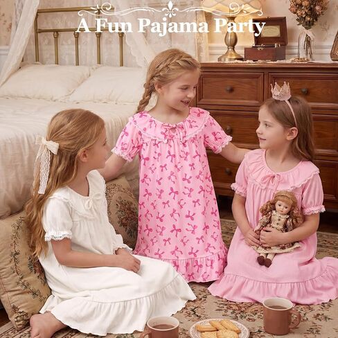 Beinou Girls Princess Nightgown Victorian Vintage Sleepwear Lace Puff Sleeve Soft Rib-Knit Sleep Dress for Bedtime & Lounging in Saudi Arabia