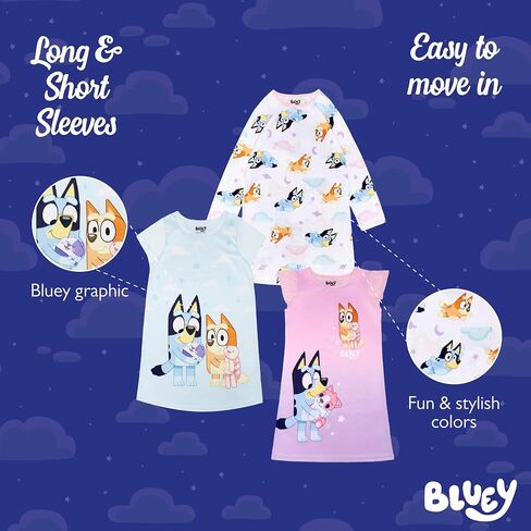 مجموعة من 3 قمصان نوم مريحة للفتيات من Bluey، وثوب خيالي، وبيجامات ناعمة ولطيفة للأطفال in Kuwait
