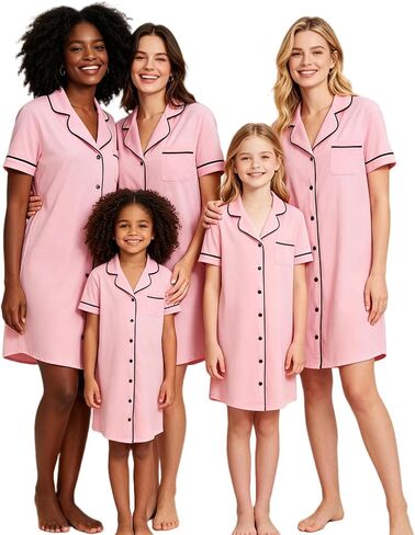 Mommy and Me Pajamas-Button Down Sleep Shirt Dresses Short Sleeve Nightgowns for Women Girls Sleepwear|Pajamas in Kuwait