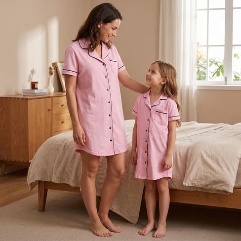 Mommy and Me Pajamas-Button Down Sleep Shirt Dresses Short Sleeve Nightgowns for Women Girls Sleepwear|Pajamas in Kuwait