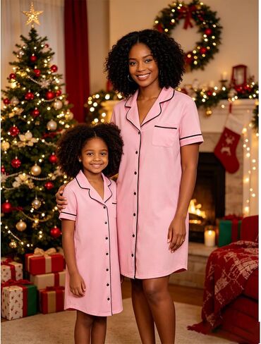 Mommy and Me Pajamas-Button Down Sleep Shirt Dresses Short Sleeve Nightgowns for Women Girls Sleepwear|Pajamas in Kuwait
