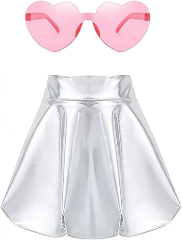 Girls Metallic Skirts Shiny Mini Skater Sparkly Festival Outfit Skirt with Same Color Accessories in Saudi Arabia