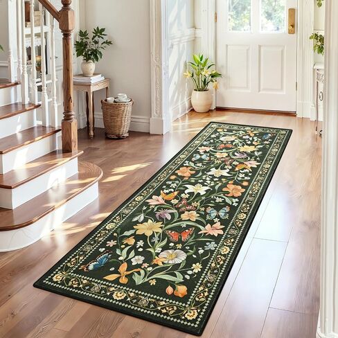 2x6 Kitchen Runner Rugs Non Slip Washable, Beige Floral Runner Rug for Hallway Bedroom Bathroom, Pet & Kids Friendly, Soft Low Pile Stain Resistant Foldable Floor Carpet in Saudi Arabia