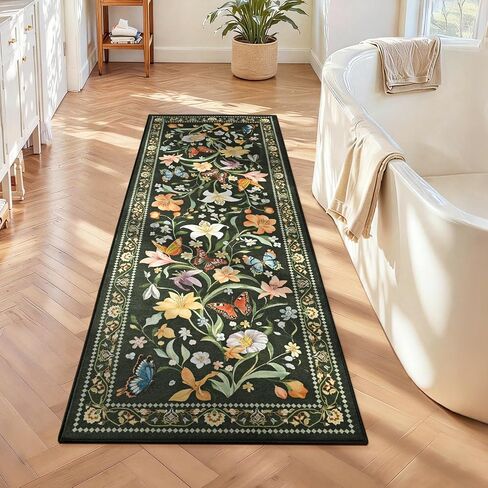 2x6 Kitchen Runner Rugs Non Slip Washable, Beige Floral Runner Rug for Hallway Bedroom Bathroom, Pet & Kids Friendly, Soft Low Pile Stain Resistant Foldable Floor Carpet in Saudi Arabia