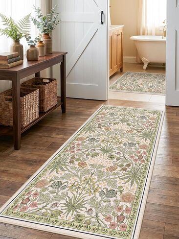 3x6 Washable Non-Slip Entryway Rug: Floral Indoor Runner Rugs Floor Carpet for Hallways Kitchen Bedroom Laundry Bathroom Beside Bed - Stain & Fade Resistant, Boho Botanical Design 3x6 Beige in Saudi Arabia
