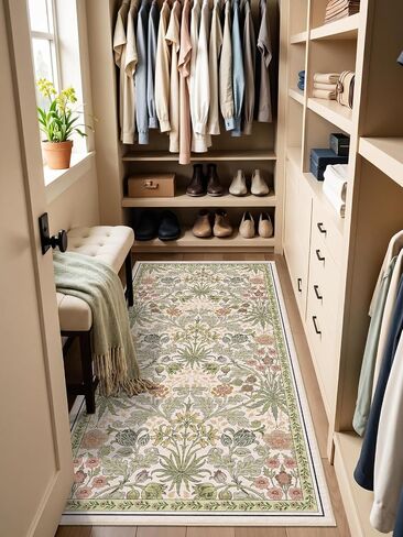 3x6 Washable Non-Slip Entryway Rug: Floral Indoor Runner Rugs Floor Carpet for Hallways Kitchen Bedroom Laundry Bathroom Beside Bed - Stain & Fade Resistant, Boho Botanical Design 3x6 Beige in Saudi Arabia