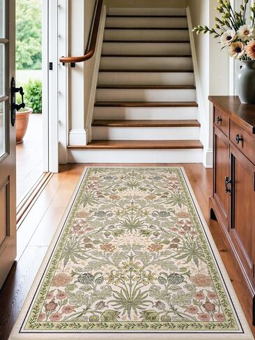 3x6 Washable Non-Slip Entryway Rug: Floral Indoor Runner Rugs Floor Carpet for Hallways Kitchen Bedroom Laundry Bathroom Beside Bed - Stain & Fade Resistant, Boho Botanical Design 3x6 Beige in Saudi Arabia