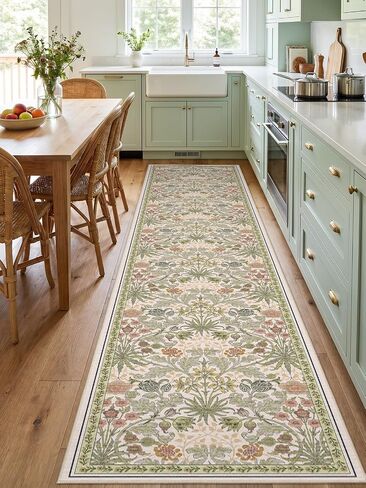 3x6 Washable Non-Slip Entryway Rug: Floral Indoor Runner Rugs Floor Carpet for Hallways Kitchen Bedroom Laundry Bathroom Beside Bed - Stain & Fade Resistant, Boho Botanical Design 3x6 Beige in Saudi Arabia