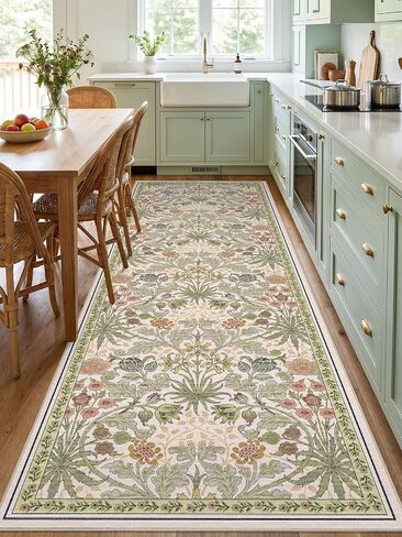 3x6 Washable Non-Slip Entryway Rug: Floral Indoor Runner Rugs Floor Carpet for Hallways Kitchen Bedroom Laundry Bathroom Beside Bed - Stain & Fade Resistant, Boho Botanical Design 3x6 Beige in Saudi Arabia