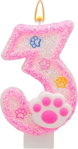 Pink Number 3 Birthday Candle with Paw Print Design, Cat and Dog Theme Cake Topper for Party Decorations for Pet Party Decor Anniversary Celebrations Supplies (Pink, Number 3) in Saudi Arabia