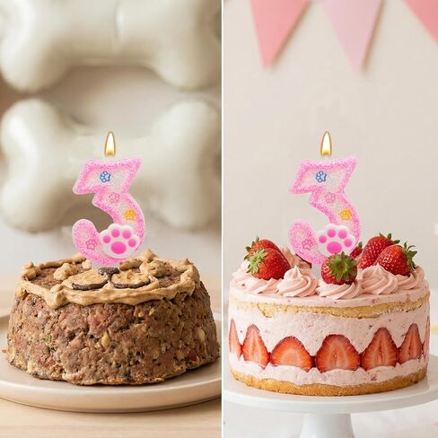Pink Number 3 Birthday Candle with Paw Print Design, Cat and Dog Theme Cake Topper for Party Decorations for Pet Party Decor Anniversary Celebrations Supplies (Pink, Number 3) in Saudi Arabia