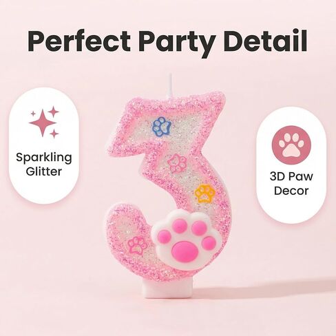 Pink Number 3 Birthday Candle with Paw Print Design, Cat and Dog Theme Cake Topper for Party Decorations for Pet Party Decor Anniversary Celebrations Supplies (Pink, Number 3) in Saudi Arabia
