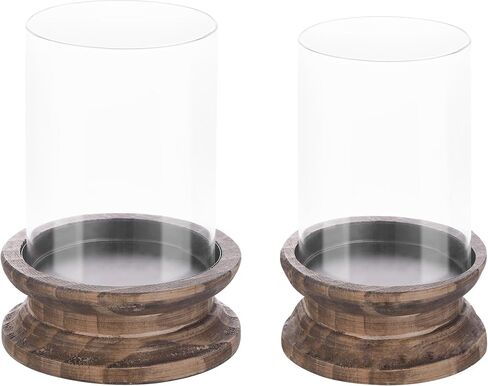 Set of 2 Glass Hurricane Candle Holders for Pillars with Florence Style Solid Wooden Base Crafted from Pine in Vintage Natural, Farmhouse Candlestick Holder, Centerpiece for Home, Table, Mantel in Saudi Arabia