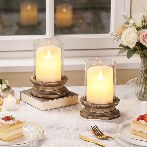 Set of 2 Glass Hurricane Candle Holders for Pillars with Florence Style Solid Wooden Base Crafted from Pine in Vintage Natural, Farmhouse Candlestick Holder, Centerpiece for Home, Table, Mantel in Saudi Arabia