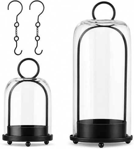 Hurricane Glass Candle Holders in Antique Brass, 5" & 4" Wide Gold Vintage Mental Candlesticks for Pillar Candle Lantern with Handmade Sturdy Thick Glass Dome, Industrial, Modern Home Decor (Black) in Saudi Arabia