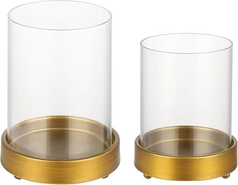 Set of 2 Glass Hurricane Candle Holders for Pillars with Minimalism Metal Base in Antique Brass, Glass Candle Holder, Centerpiece, for Weddings, Dinner Parties, Dining Tables, Console Tables, Mantels in Saudi Arabia