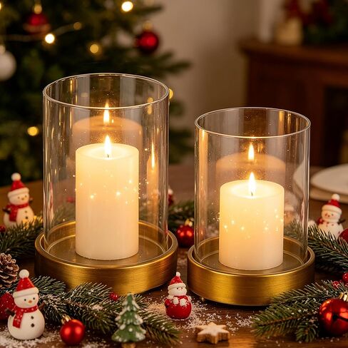 Set of 2 Glass Hurricane Candle Holders for Pillars with Minimalism Metal Base in Antique Brass, Glass Candle Holder, Centerpiece, for Weddings, Dinner Parties, Dining Tables, Console Tables, Mantels in Saudi Arabia