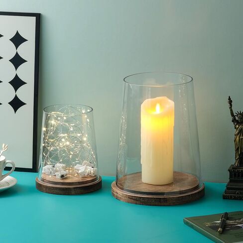 6" Wide Glass Hurricane Candle Holders with Handmade Sturdy Glass Sleeves and Vintage Natural Wood Base for Pillar Candle & Plants, Industrial, Farmhouse, Display Cloche Bell Jars, Table Centerpiece in Saudi Arabia