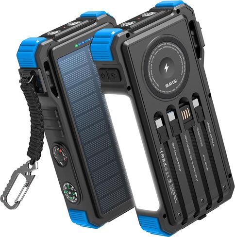 BLAVOR Solar Charger Power Bank 20000mAh Built in 4 Cables, 20W Fast Charging External Battery Pack with USB C, Camping Light, Flashlight, Carabiner for Cell Phones, Portable Charger for Apple Watch in Kuwait