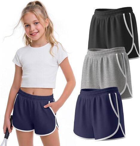 3 Pack Girls Athletic Shorts Kids High Waisted Running Shorts with Pockets Active Workout Dolphin Shorts Size 5-14 in Kuwait