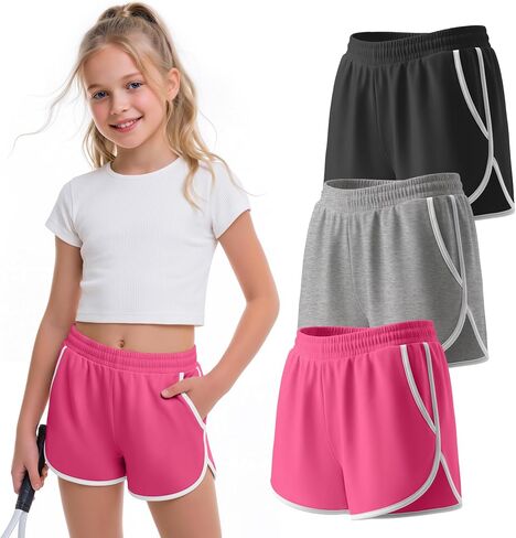 3 Pack Girls Athletic Shorts Kids High Waisted Running Shorts with Pockets Active Workout Dolphin Shorts Size 5-14 in Kuwait