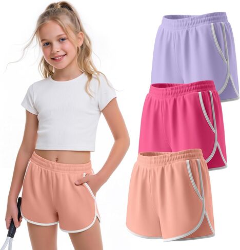 3 Pack Girls Athletic Shorts Kids High Waisted Running Shorts with Pockets Active Workout Dolphin Shorts Size 5-14 in Kuwait