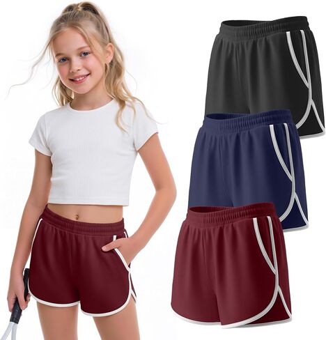 3 Pack Girls Athletic Shorts Kids High Waisted Running Shorts with Pockets Active Workout Dolphin Shorts Size 5-14 in Kuwait