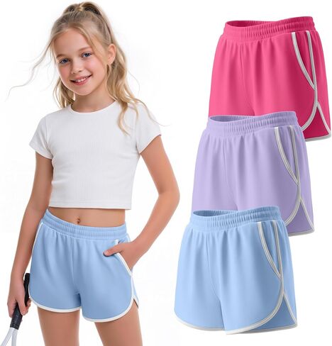 3 Pack Girls Athletic Shorts Kids High Waisted Running Shorts with Pockets Active Workout Dolphin Shorts Size 5-14 in Kuwait