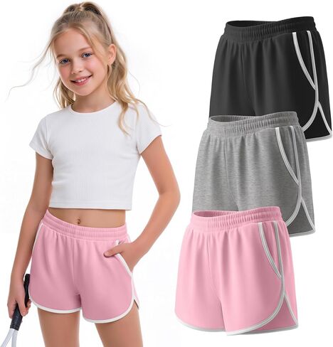 3 Pack Girls Athletic Shorts Kids High Waisted Running Shorts with Pockets Active Workout Dolphin Shorts Size 5-14 in Kuwait