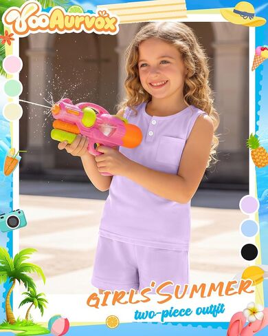 Girls 2 Piece Outfit Kids Knit Sleeveless Henley Tank Top and Elastic Waist Shorts with Pockets Summer Clothing Set in Saudi Arabia