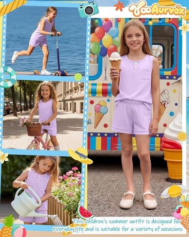 Girls 2 Piece Outfit Kids Knit Sleeveless Henley Tank Top and Elastic Waist Shorts with Pockets Summer Clothing Set in Saudi Arabia